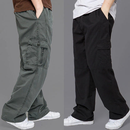 Two pairs of cargo pants, one gray and one black, worn by models on a gray background.