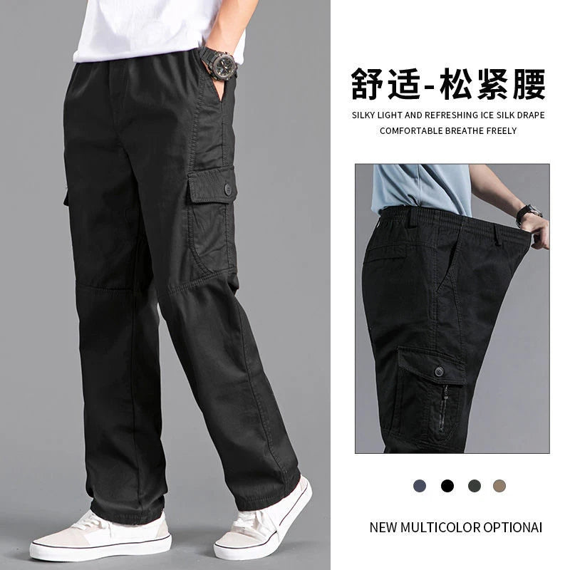 Black cargo pants worn by a person on a gray background with text and color options.