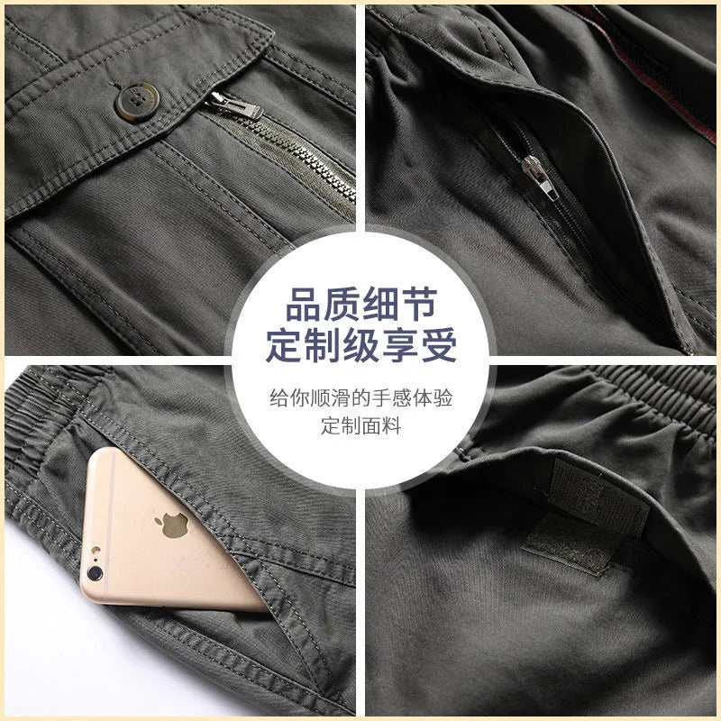 Collage of black pants with details and an iPhone 6s for scale.