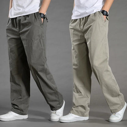 Two pairs of pants shown side by side on a gray background