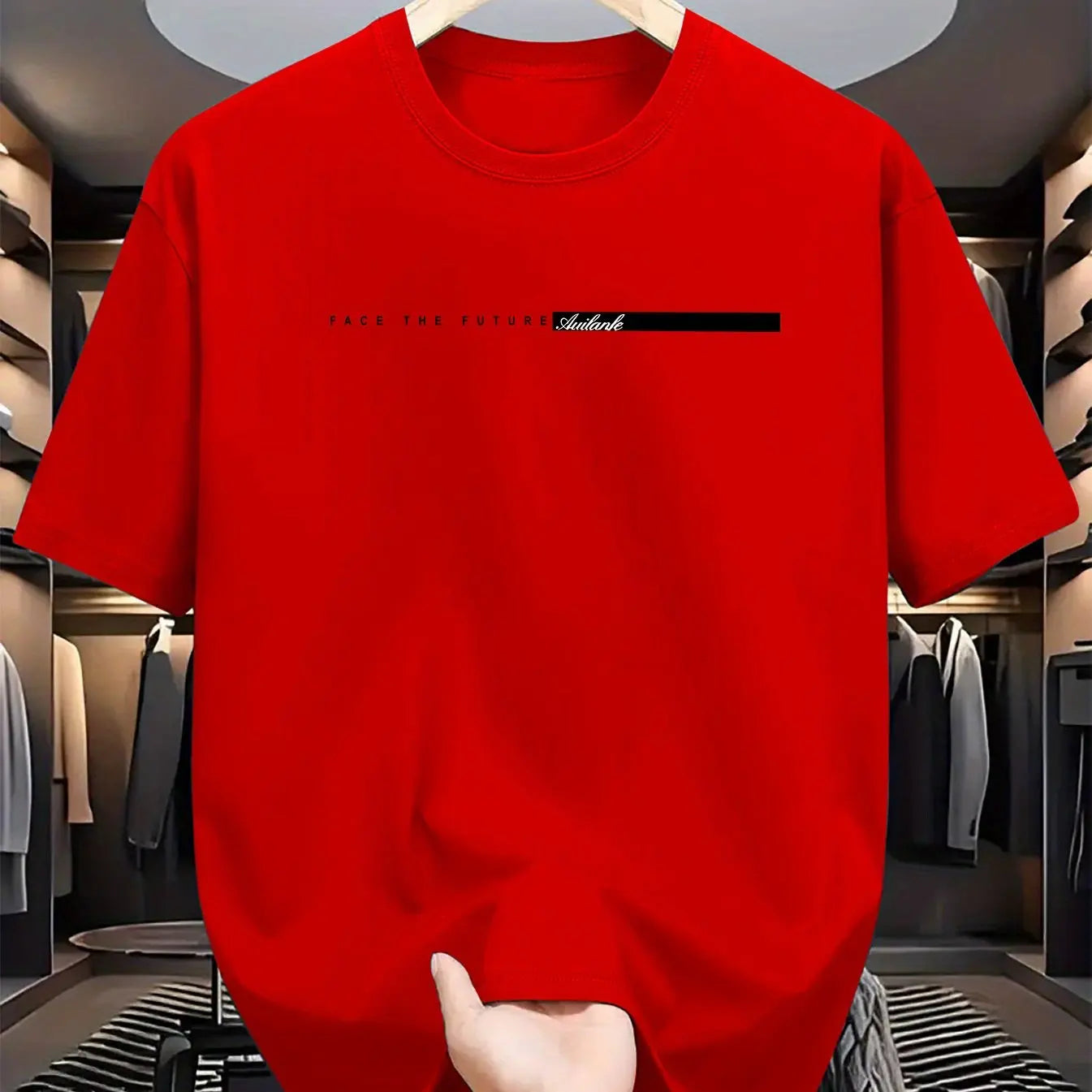 Red t-shirt with text on a hanger in a clothing store.