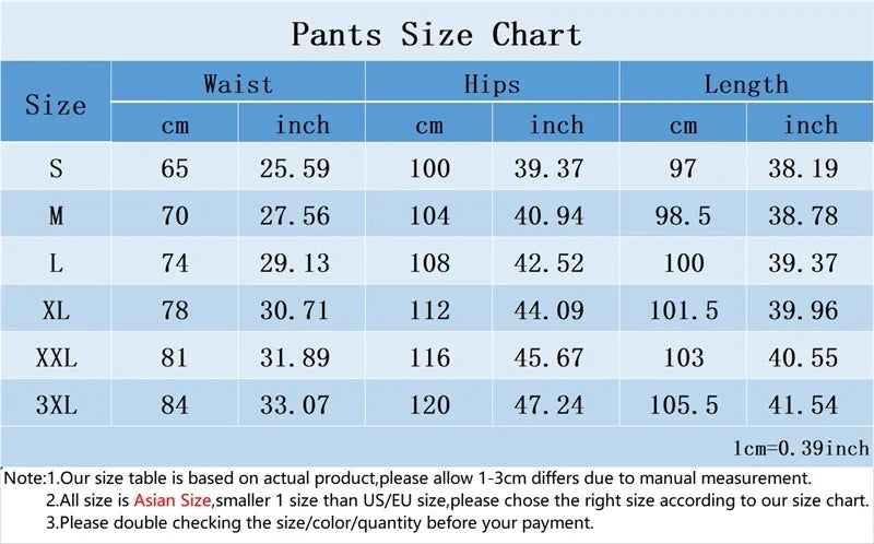 Pants size chart with measurements in centimeters and inches