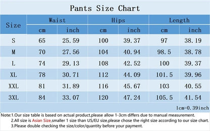 Pants size chart with measurements in centimeters and inches