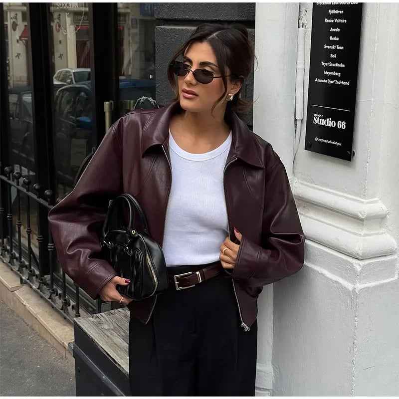 Vintage Burgundy Leather Bomber Jacket