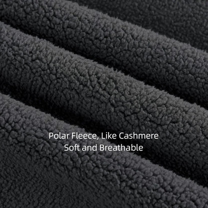 Close-up of dark gray polar fleece fabric with text 'Polar Fleece, Like Cashmere Soft and Breathable'.