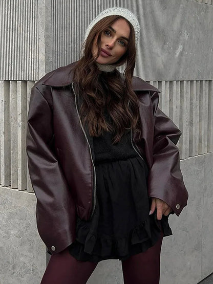 Vintage Burgundy Leather Bomber Jacket