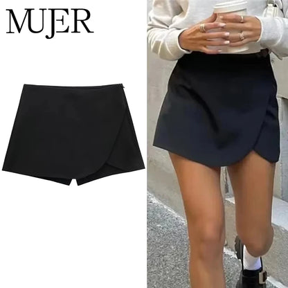 Black mini skirt shown on a person and as a separate product image with 'MUJER' branding.