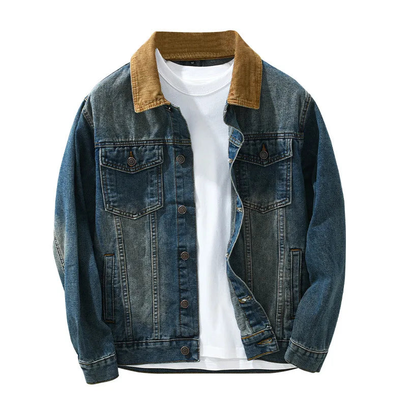 Denim jacket with brown collar over a white shirt on a white background