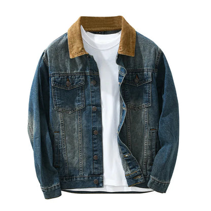 Denim jacket with brown collar over a white shirt on a white background