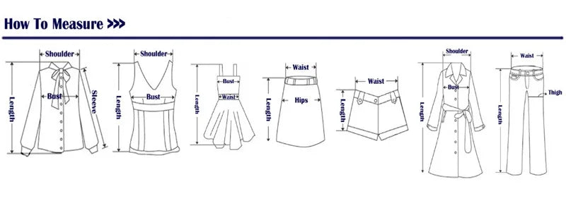 Measurement guide for clothing with labeled parts and dimensions.