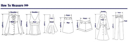 Measurement guide for clothing with labeled parts and dimensions.