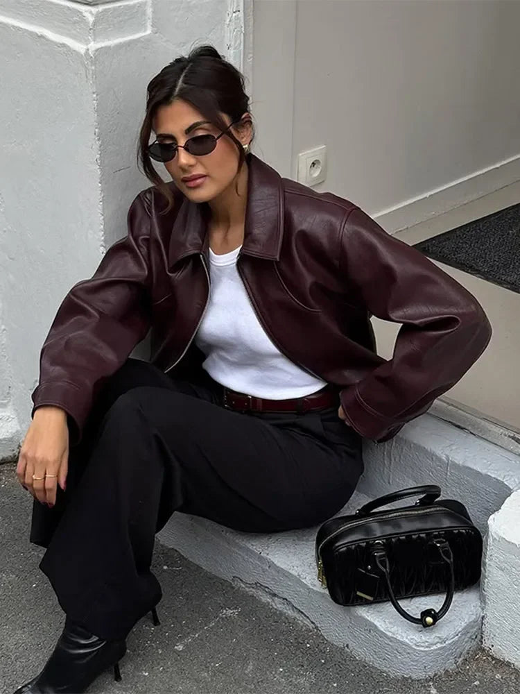 Vintage Burgundy Leather Bomber Jacket