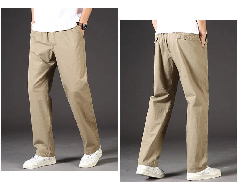 Beige pants worn by a person on a gray background