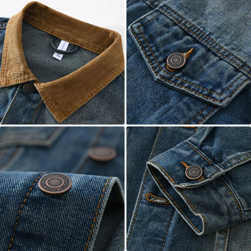 Collage of close-up details of a denim jacket with brown collar and buttons.