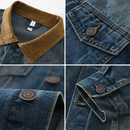 Collage of close-up details of a denim jacket with brown collar and buttons.