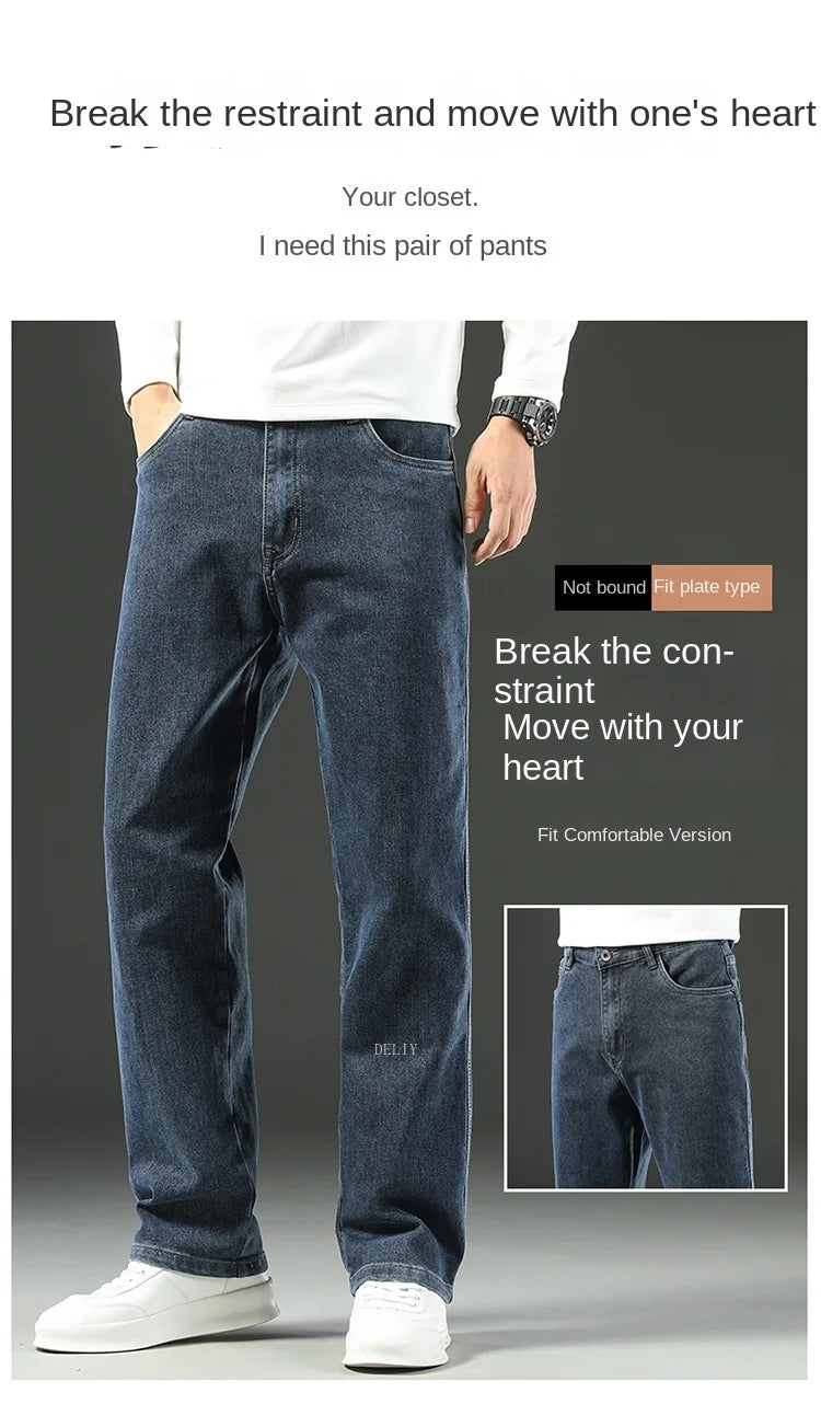 Person wearing blue jeans with promotional text on a gray background