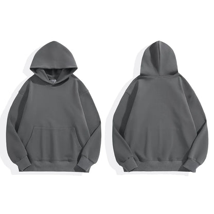 Gray hoodie shown from front and back on a white background