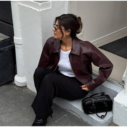 Vintage Burgundy Leather Bomber Jacket