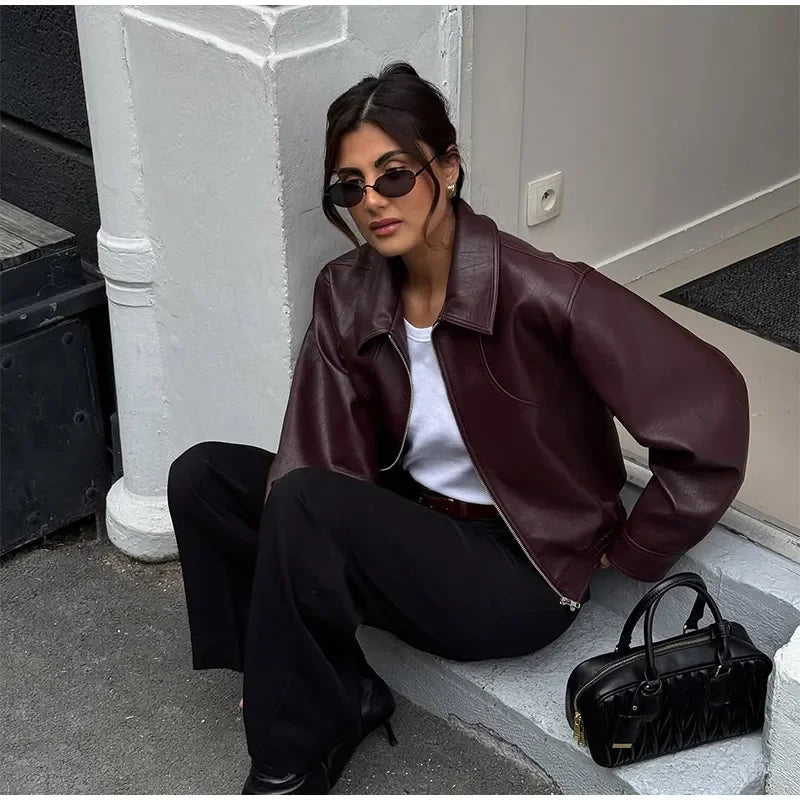 Vintage Burgundy Leather Bomber Jacket
