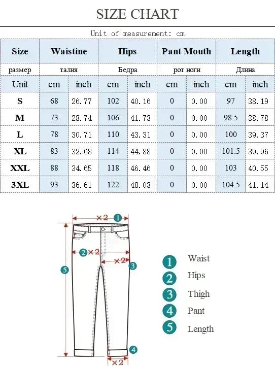 Size chart for pants with measurements in centimeters and inches.