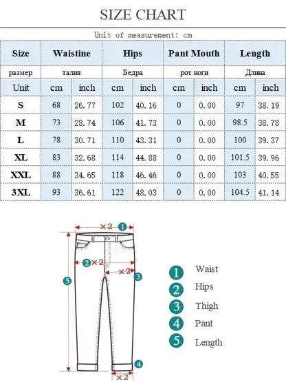 Size chart for pants with measurements in centimeters and inches.