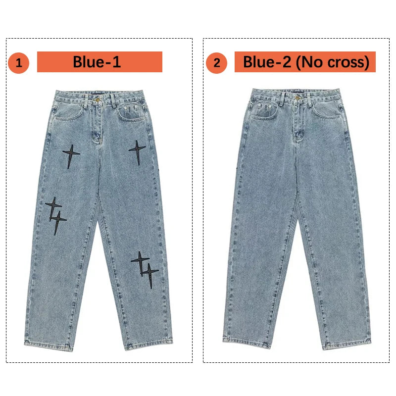 Two pairs of blue jeans with black cross designs on a white background
