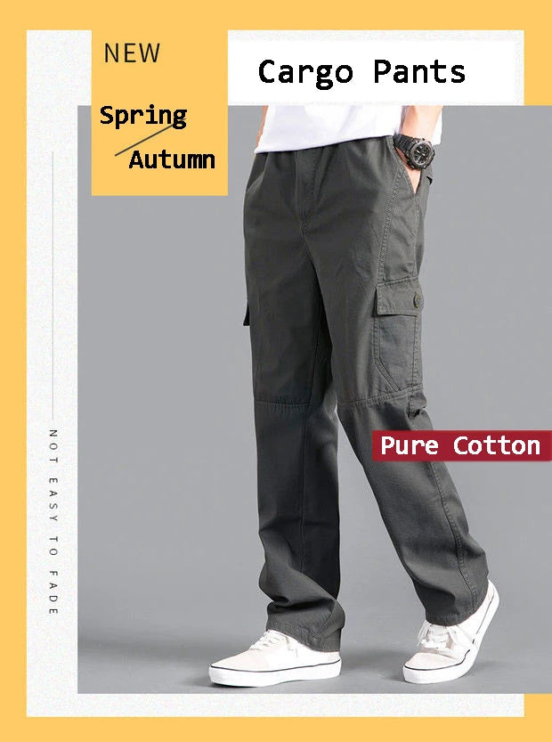 Gray cargo pants on a gray background with text indicating 'New Spring Autumn' and 'Pure Cotton'.