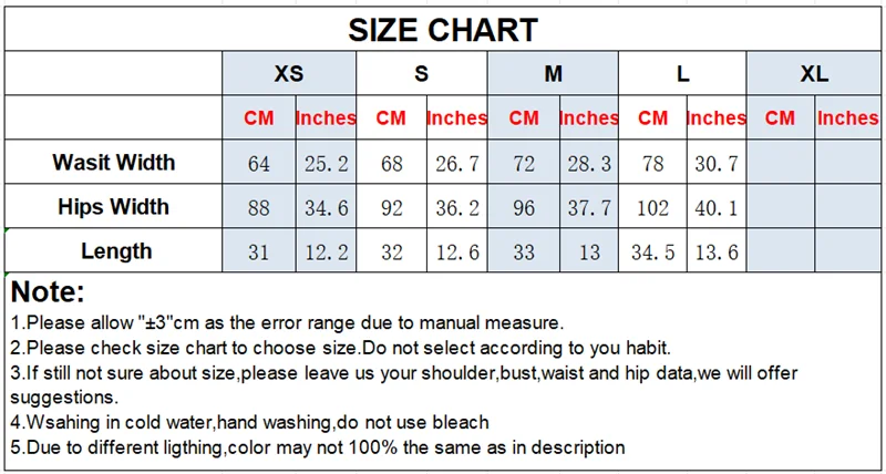 Size chart for clothing measurements in centimeters and inches