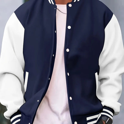 Navy and white varsity jacket with a plain background