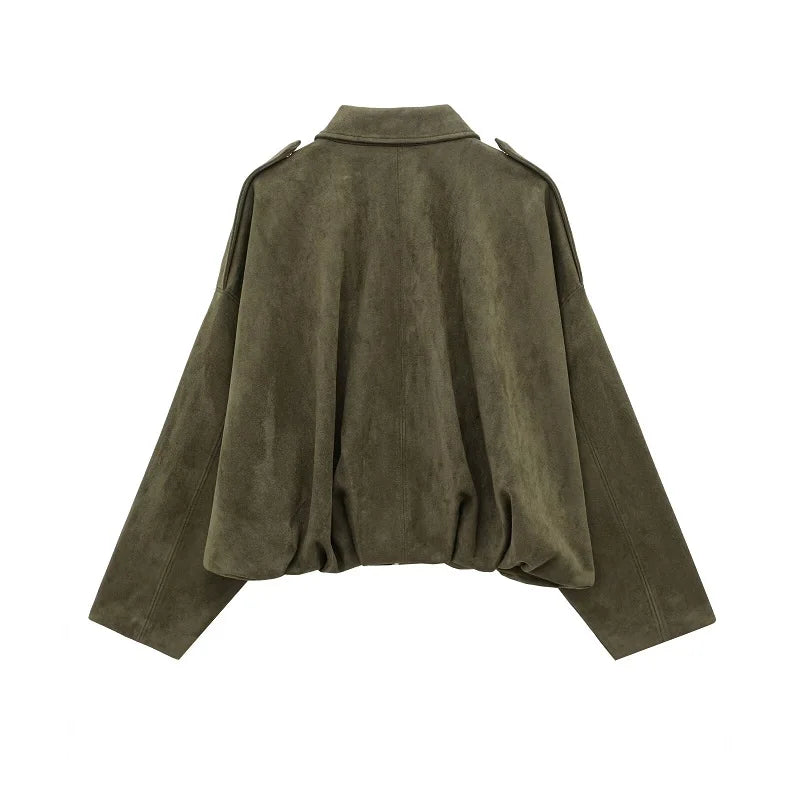 Women Oversized Suede Bomber Jacket