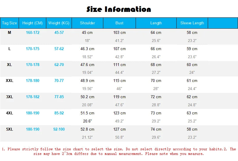 Size chart for clothing with dimensions in centimeters and inches