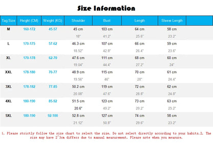 Size chart for clothing with dimensions in centimeters and inches