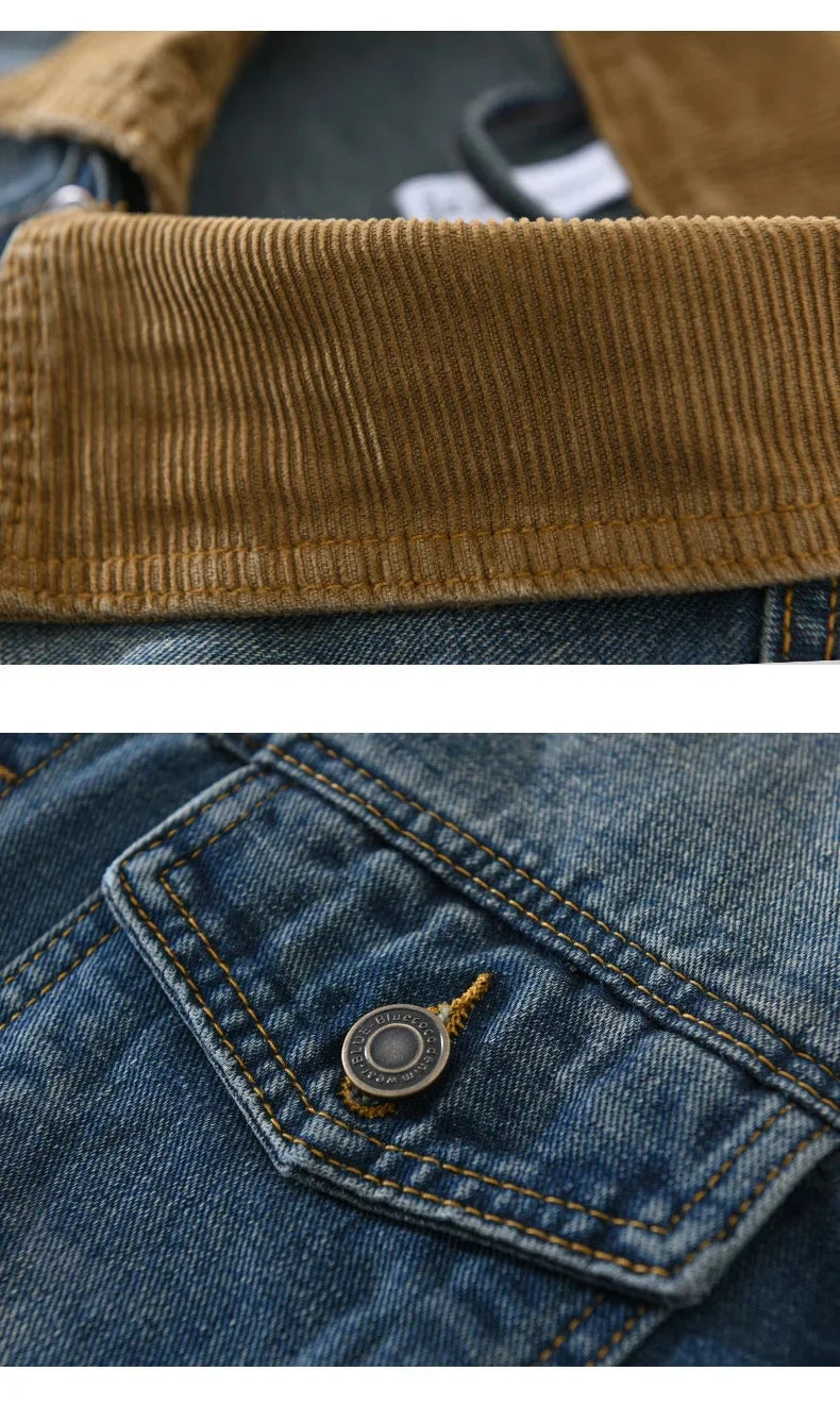 Close-up of brown corduroy collar and blue denim pocket with button
