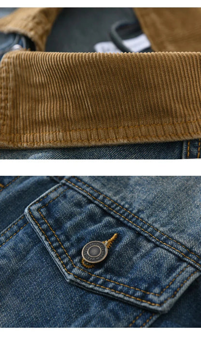 Close-up of brown corduroy collar and blue denim pocket with button