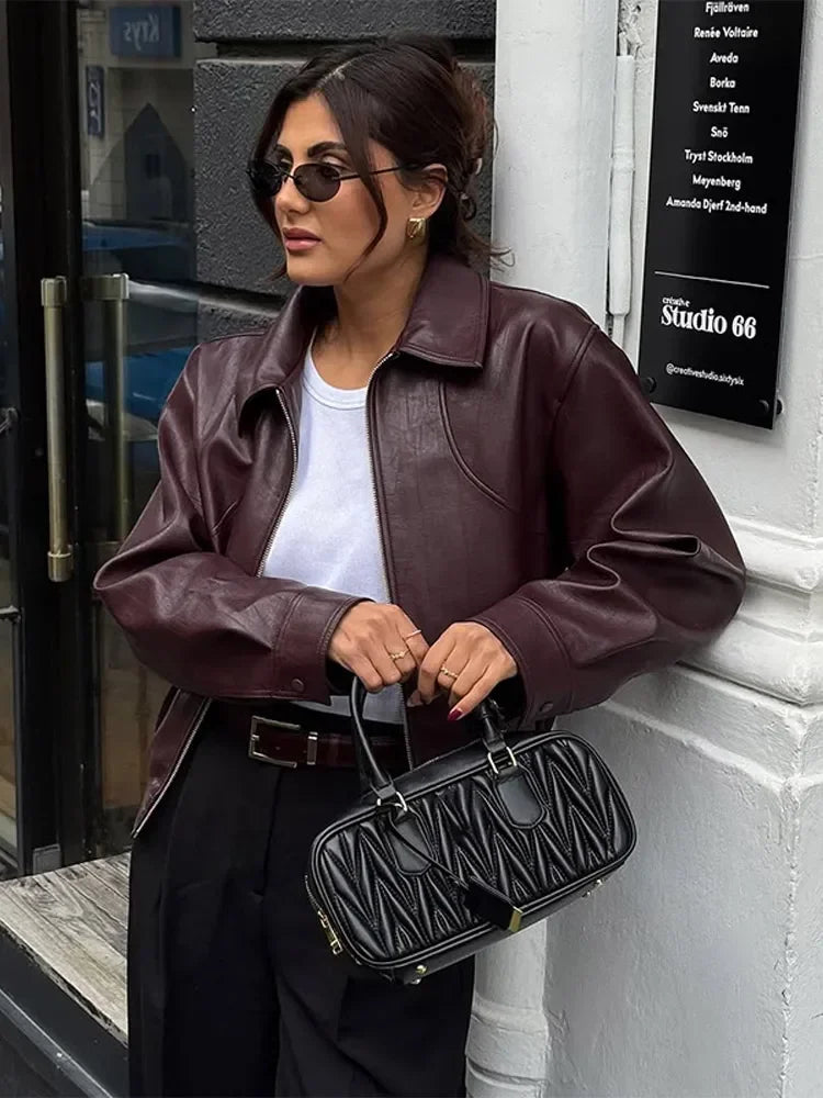 Vintage Burgundy Leather Bomber Jacket