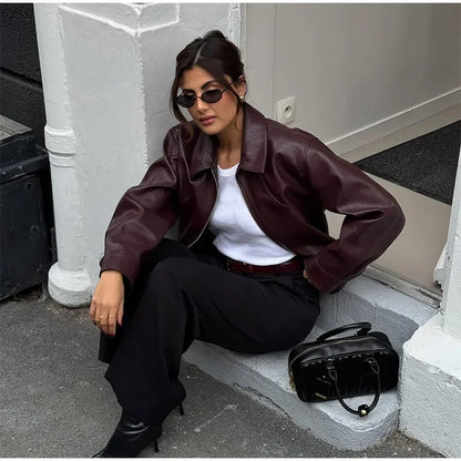 Vintage Burgundy Leather Bomber Jacket