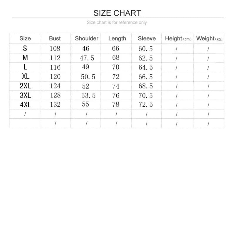 Size chart for clothing measurements on a white background