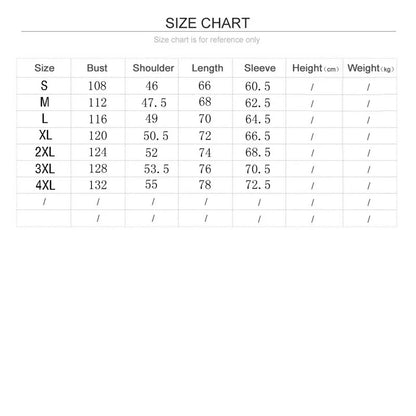 Size chart for clothing measurements on a white background