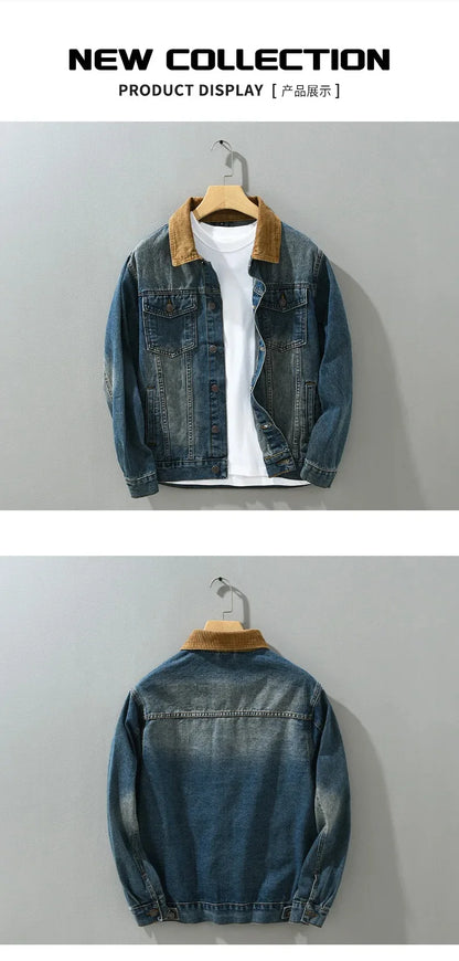 Denim jacket displayed on a hanger against a gray background