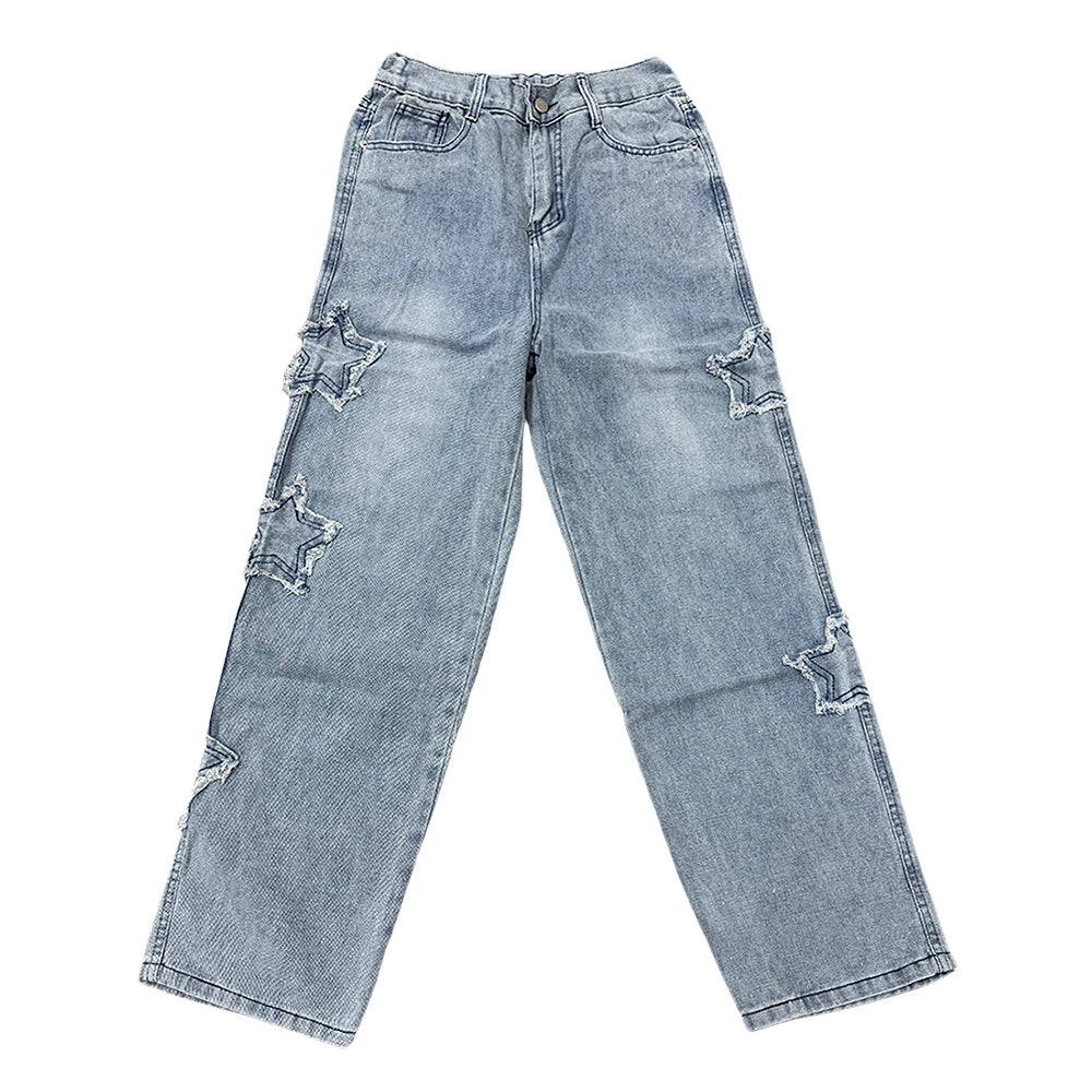 Light blue jeans with distressed details on a white background