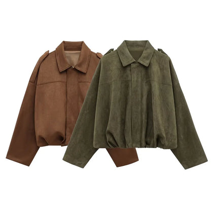 Brown and green suede jackets on a white background