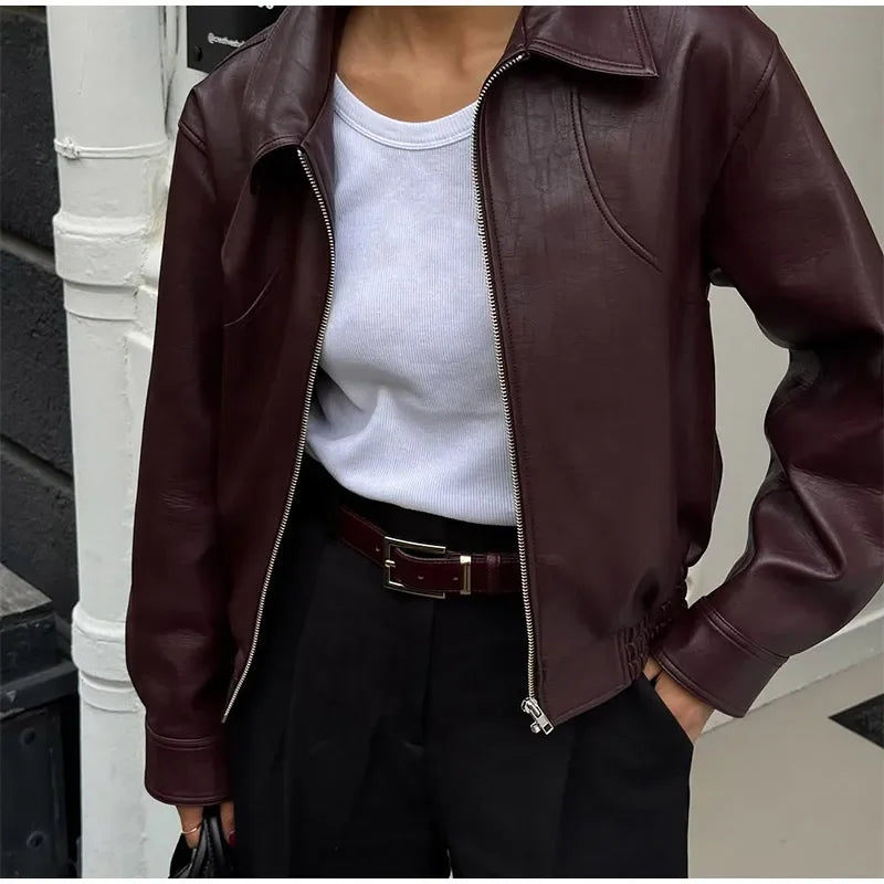 Vintage Burgundy Leather Bomber Jacket