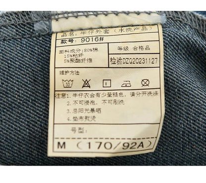 Fabric label on denim fabric with text and symbols