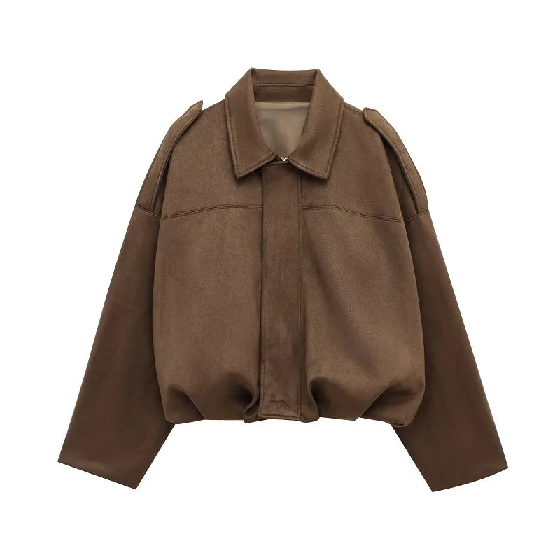 Women Oversized Suede Bomber Jacket