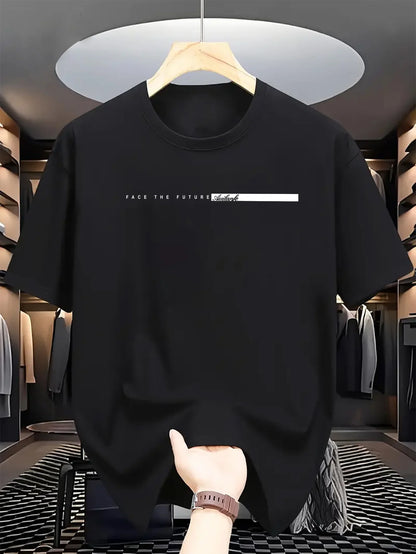 Black t-shirt with text on a hanger in a clothing store.
