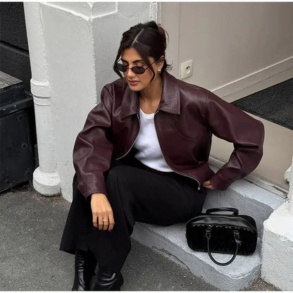 Vintage Burgundy Leather Bomber Jacket