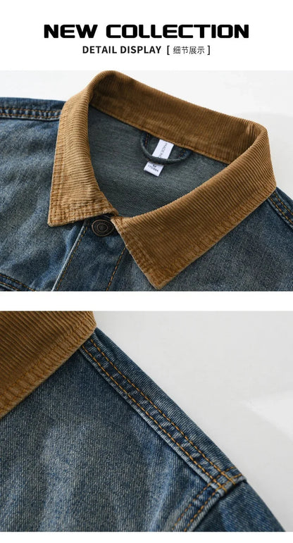 Close-up of a denim jacket with brown collar and visible brand tag on a white background.