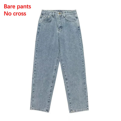 Light blue jeans on a white background with text 'Bare pants No cross'.