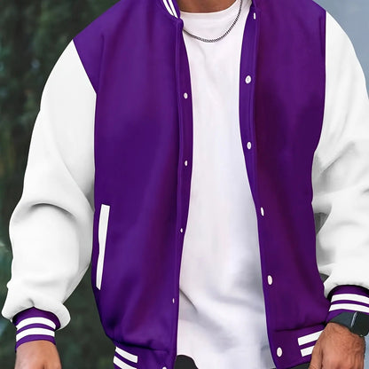 Purple and white varsity jacket worn by a person with a blurred background
