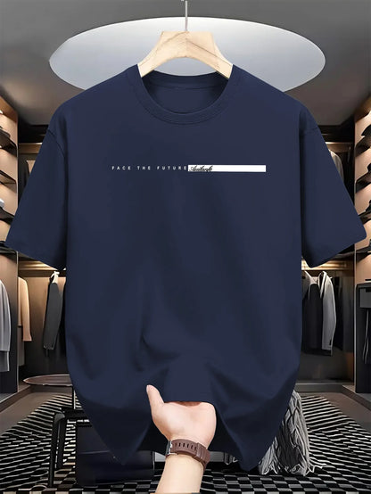 Navy blue t-shirt with text on a hanger in a clothing store.